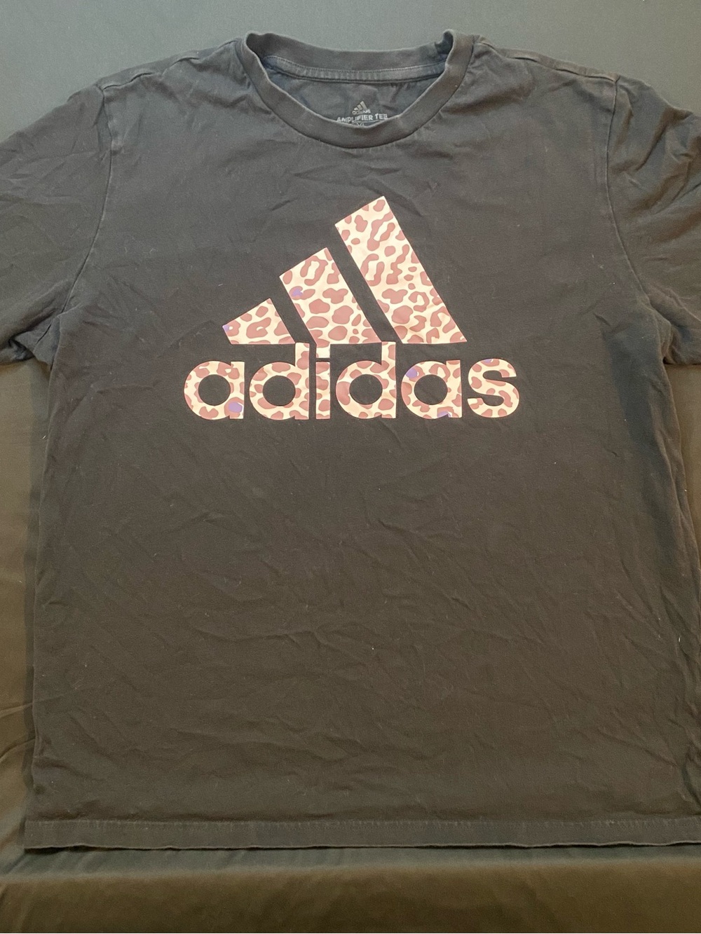 adidas women’s Black Tee with Pink Leopard Logo